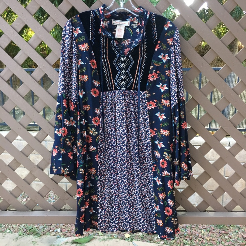 Floral Print Bell Sleeve Patterned Dress w/ Velvet